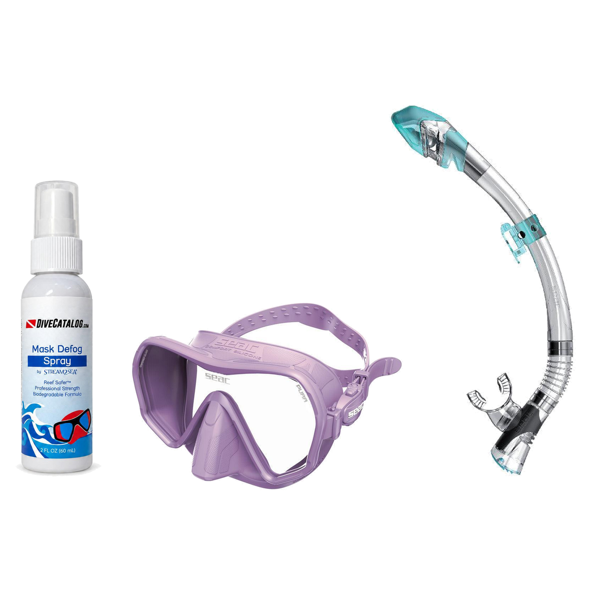 Seac Mask + Snorkel Package – Pura Anti-Fog Mask + Reverse Dry Snorkel + Free Mask Defog Spray — Lilac, Seac Fast Tech Dry A…