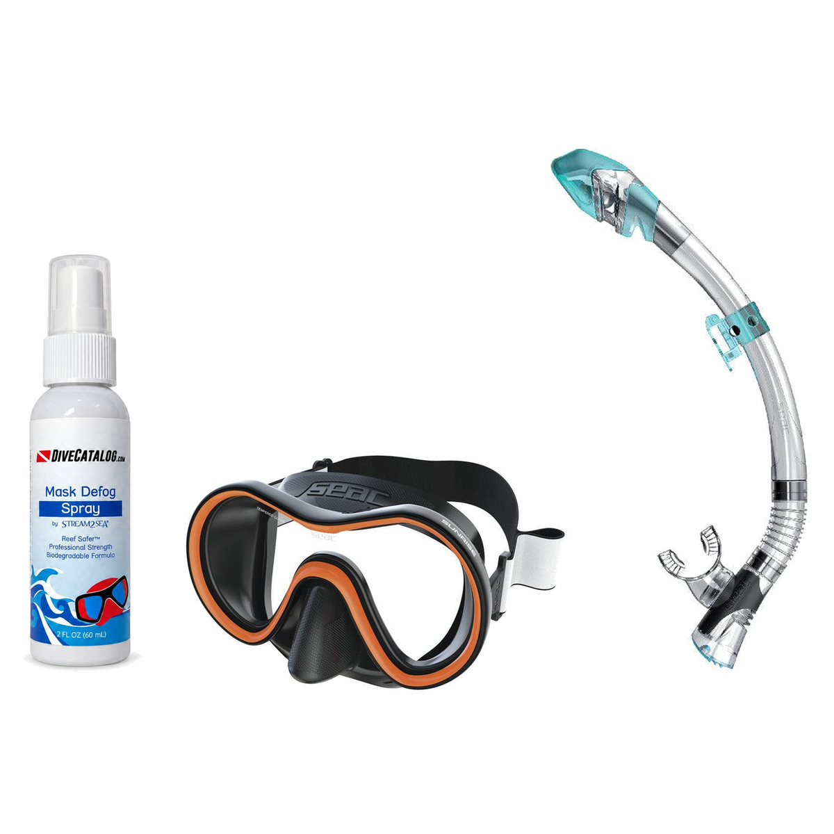 Seac Mask + Snorkel Package – Sunrise Single Lens Mask + Reverse Dry Snorkel + Free Mask Defog Spray — Orange, Seac Fast Tec…