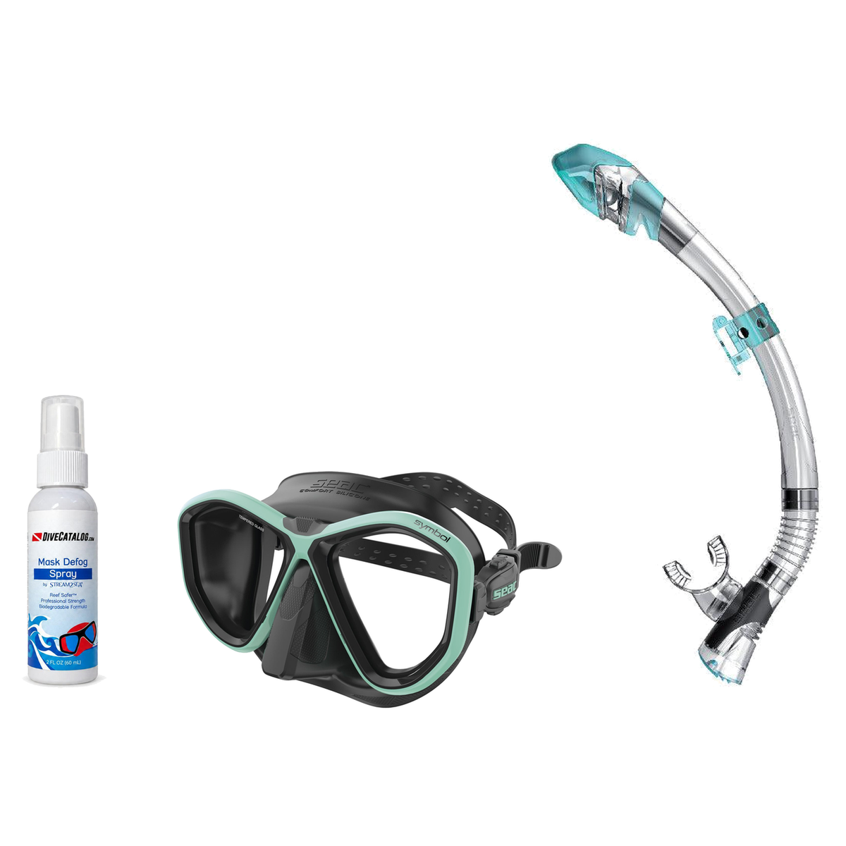 Seac Mask + Snorkel Package – Symbol Mask + Reverse Dry Snorkel + Free Mask Defog Spray — Black / Tiffany, Seac Fast Tech Dr…