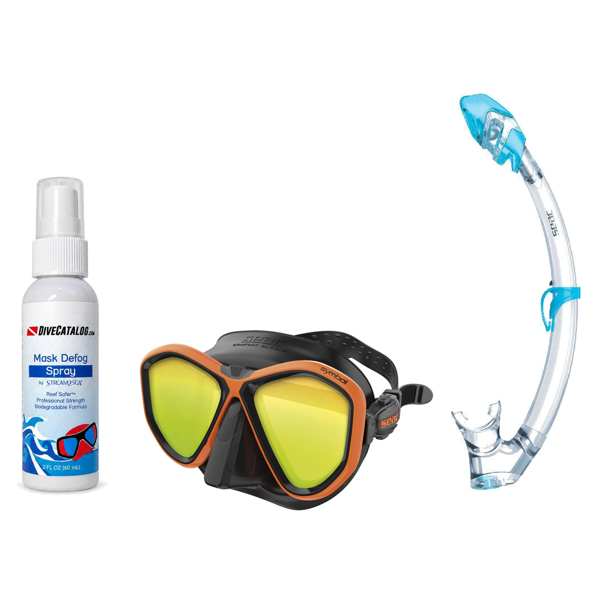 Seac Mask + Snorkel Package – Symbol Mask + Reverse Dry Snorkel + Free Mask Defog Spray — LS Black/Orange, Seac Tribe Dry Sc…