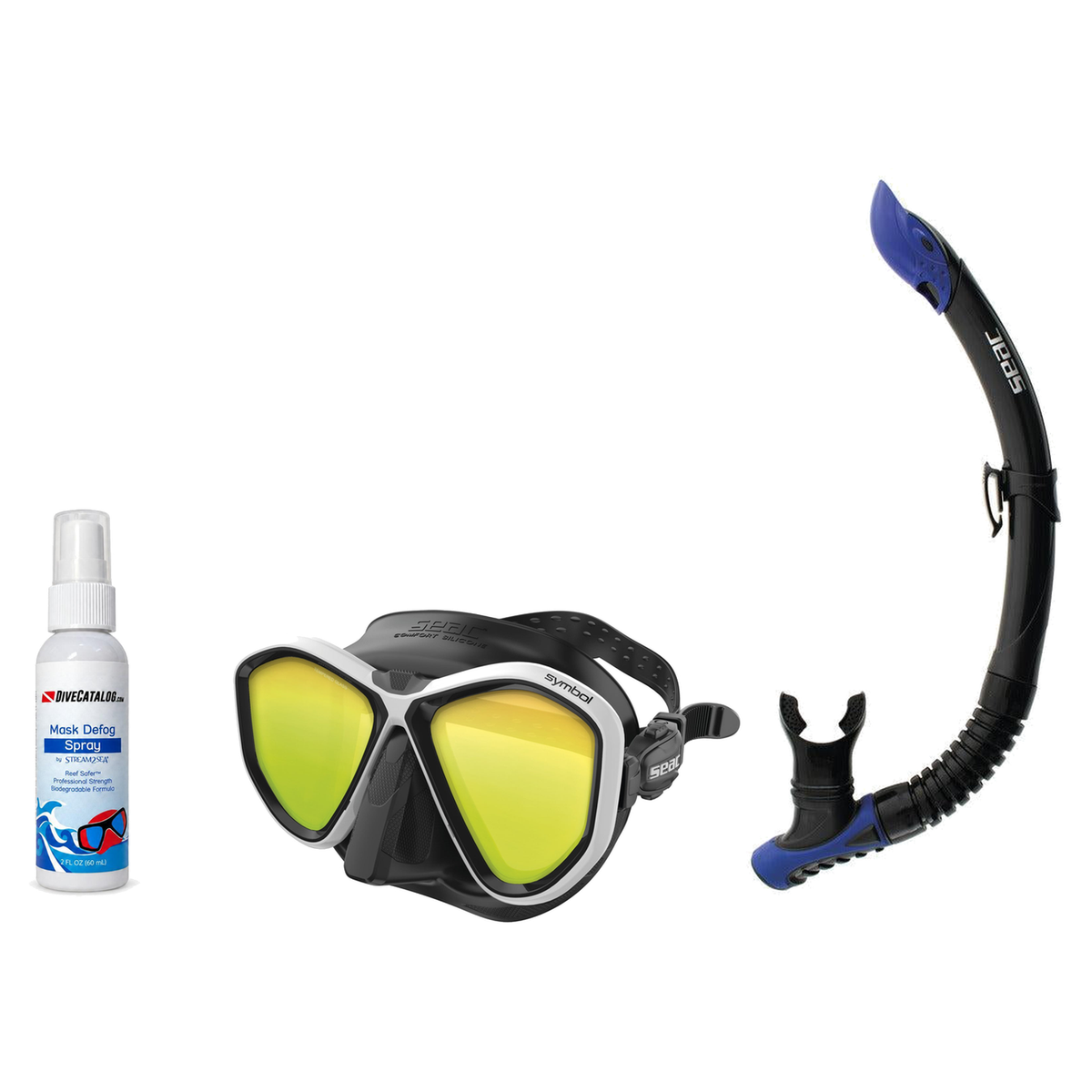 Seac Mask + Snorkel Package – Symbol Mask + Reverse Dry Snorkel + Free Mask Defog Spray — LS Black/White, Seac Reverse Snork…