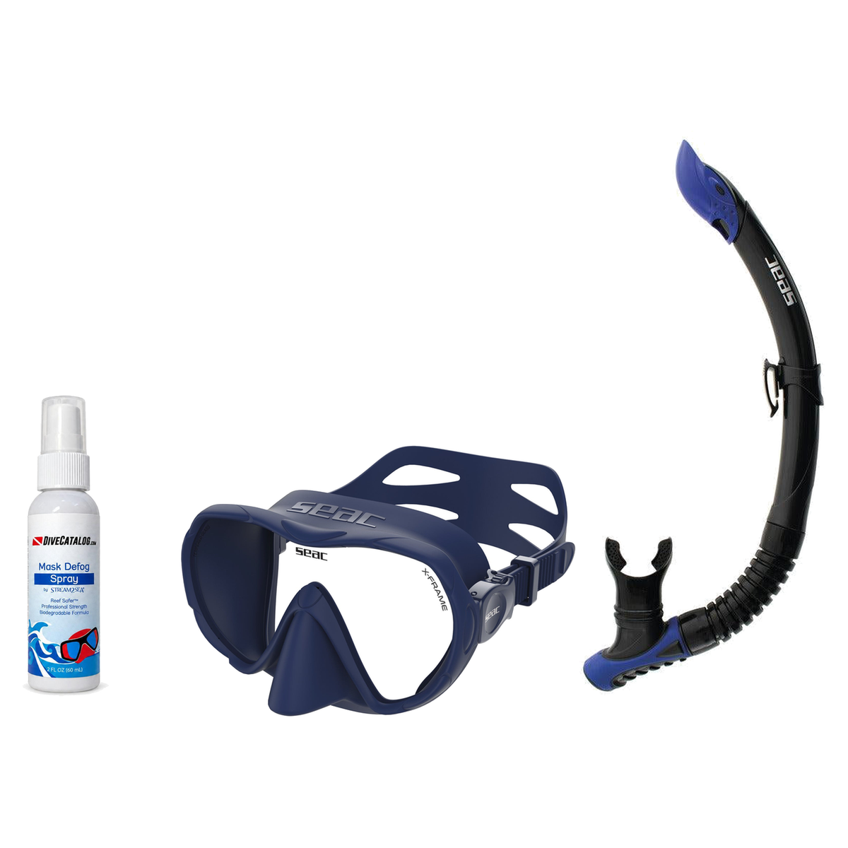 Seac Mask + Snorkel Package – X-Frame Mask + Reverse Dry Snorkel + Free Mask Defog Spray — Blue, Seac Reverse Snorkel Anti-S…