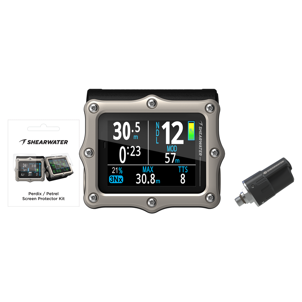 Shearwater Perdix 3 Ti Dive Computer + Swift Transmitter + Screen Protectors Package — Silver
