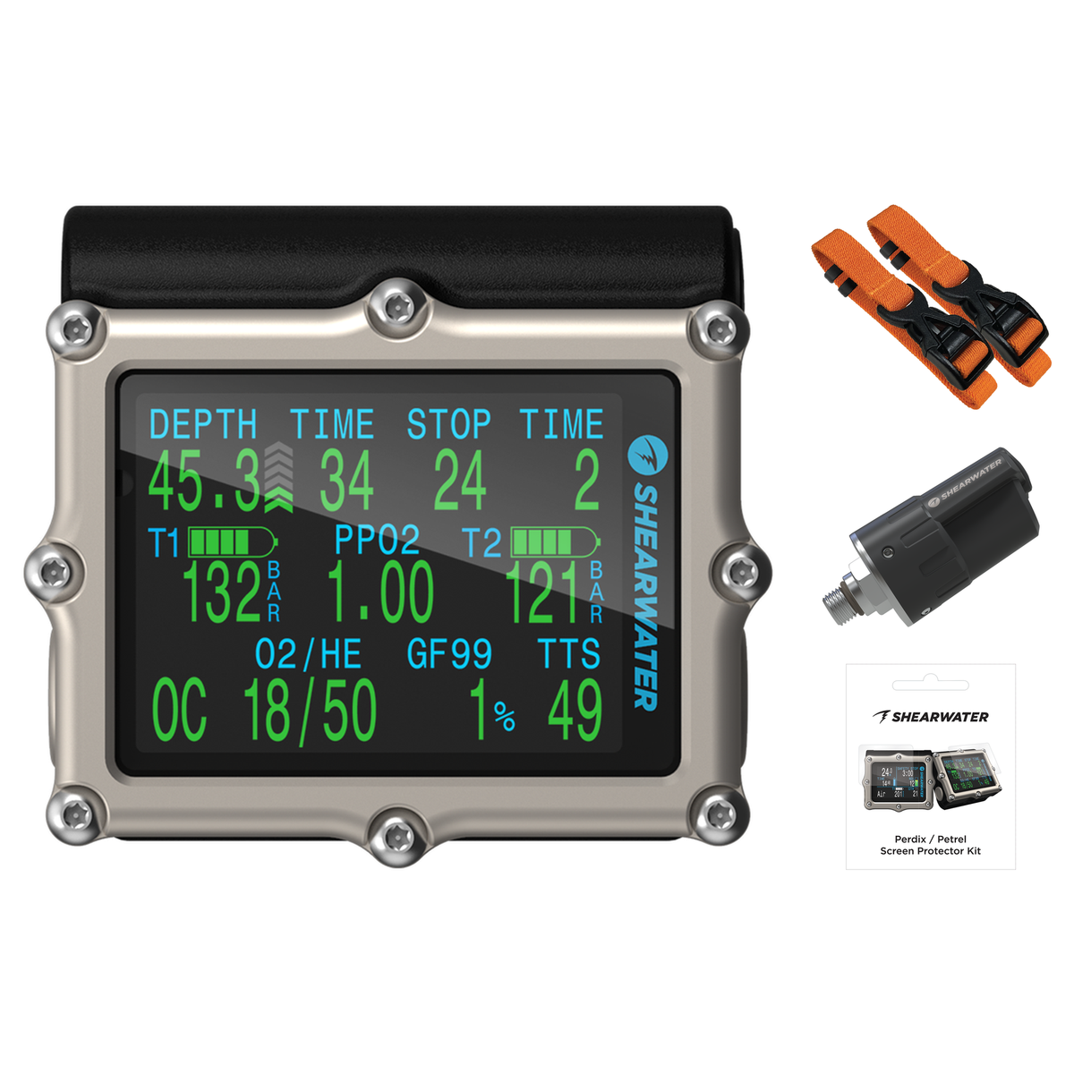 Shearwater Petrel 3 Dive Computer + Swift Transmitter + Screen Protectors + Strap Kit Package — includes Shearwater Petrel 3…