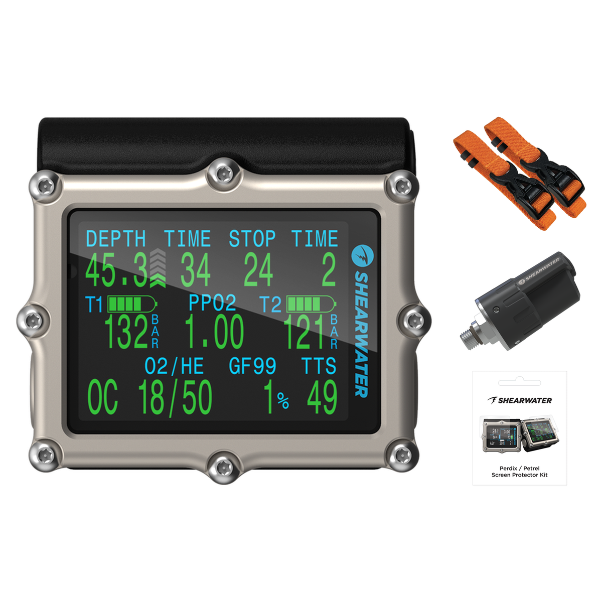 Shearwater Petrel 3 Dive Computer + Swift Transmitter + Screen Protectors + Strap Kit Package — includes Shearwater Petrel 3…