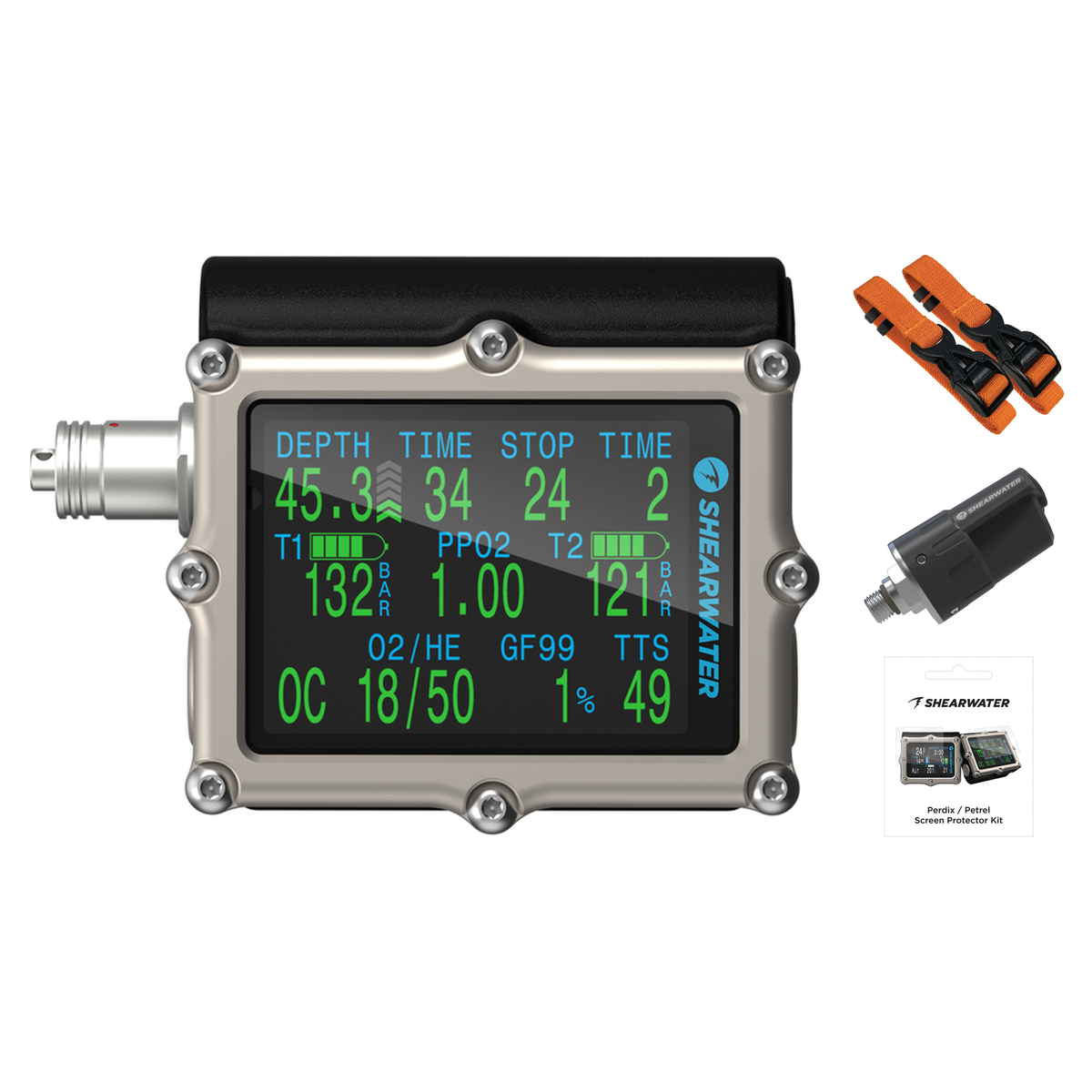 Shearwater Petrel 3 Dive Computer + Swift Transmitter + Screen Protectors + Strap Kit Package — Fischer