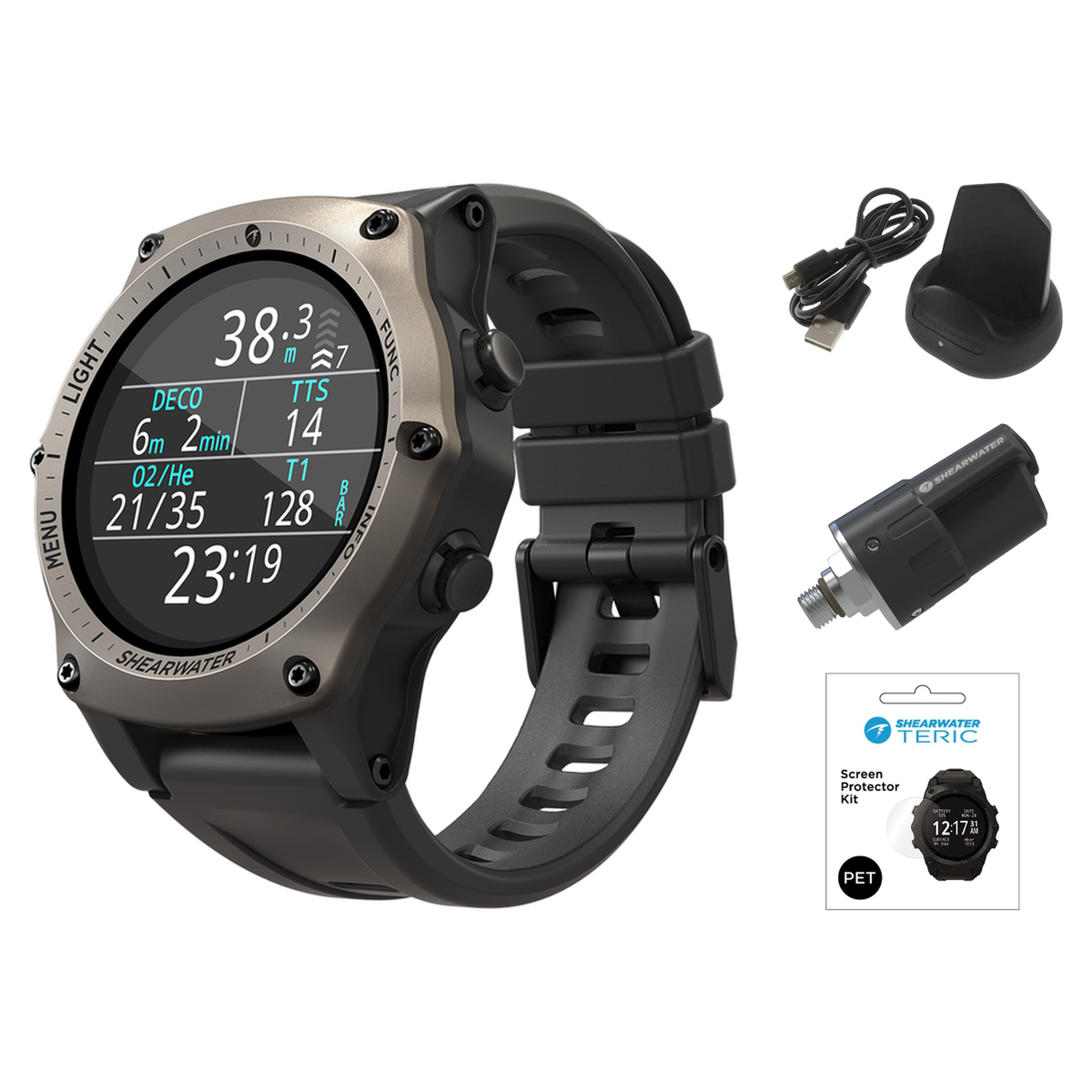 Shearwater Teric Dive Computer + Swift Transmitter + Screen Protectors + Charger Package — Silver