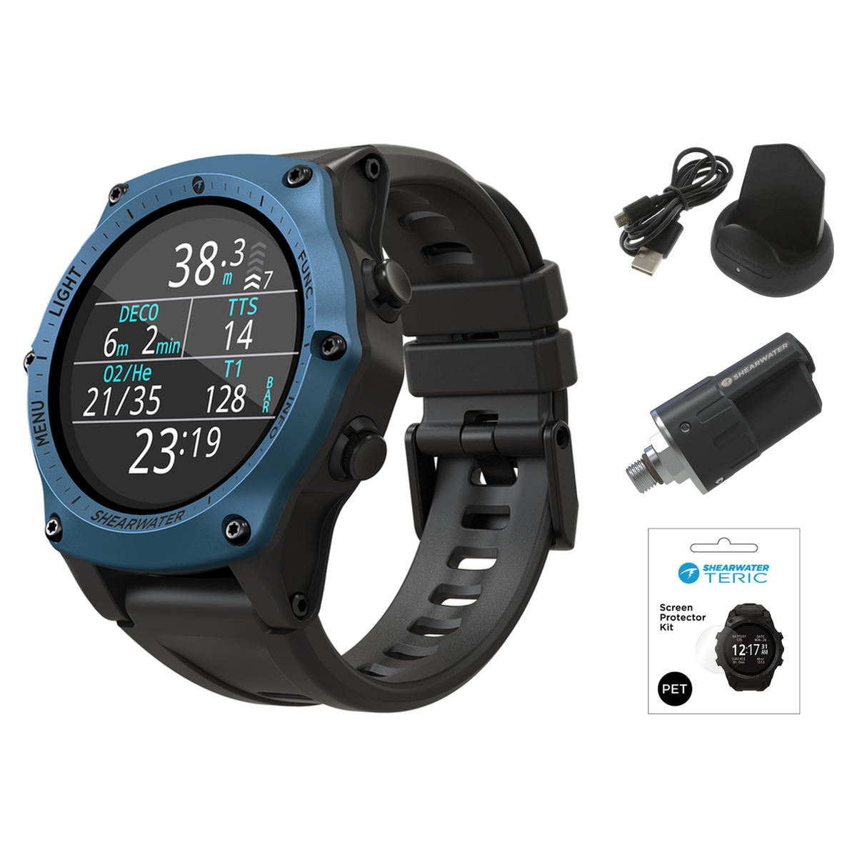 Shearwater Teric Dive Computer + Swift Transmitter + Screen Protectors + Charger Package — Blue