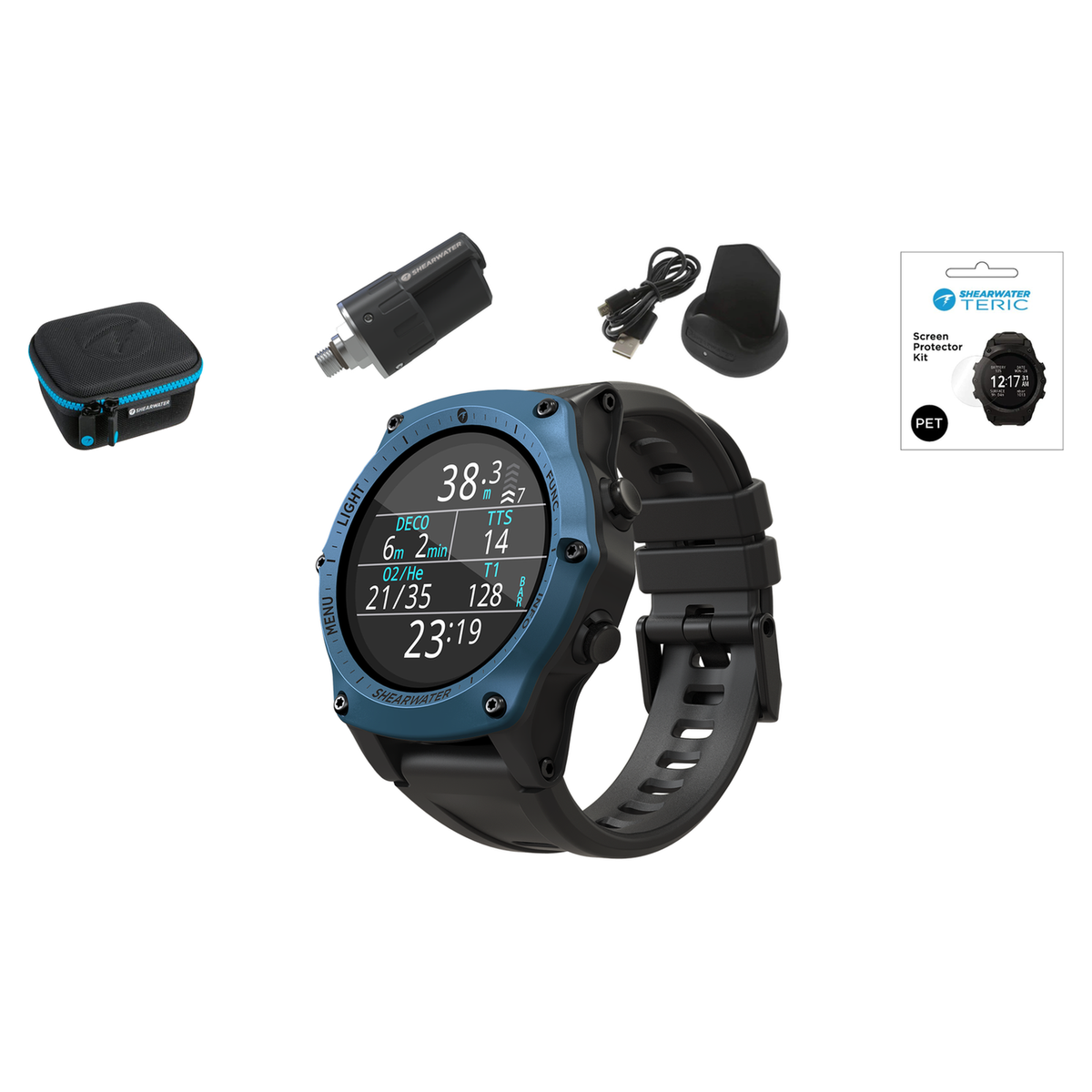 Shearwater Teric Dive Computer + Swift Transmitter + EVA Travel Case + Screen Protectors + Charger Package — Blue
