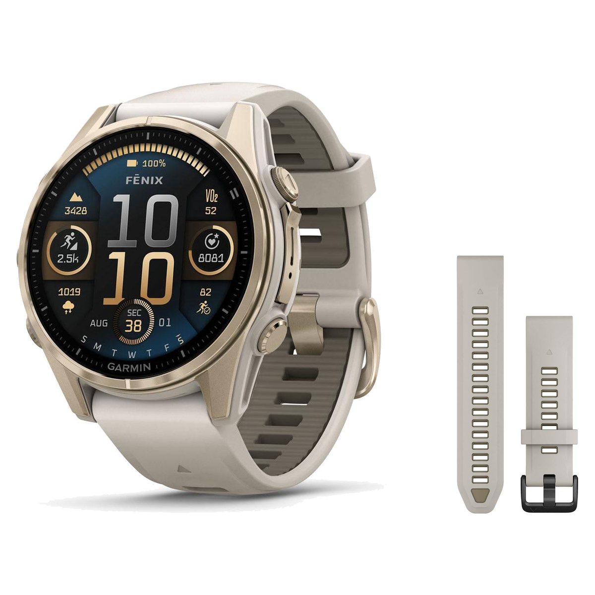 Garmin fenix 8 43mm Smartwatch + QuickFit 20 Band Package — 43 mm, AMOLED, Sapphire, Soft Gold w Fog Gray/Dark Sandstone Band