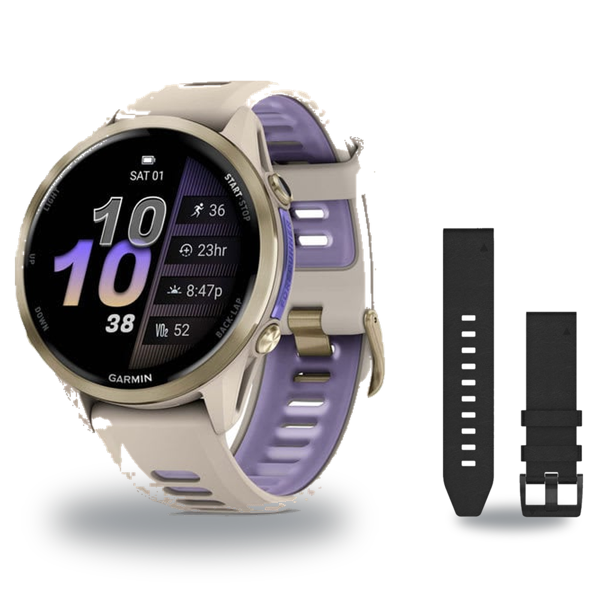 Garmin Forerunner 970 Smartwatch + QuickFit 22 Band Package — Soft Gold Titanium with French Gray Case and French Gray/Trans…
