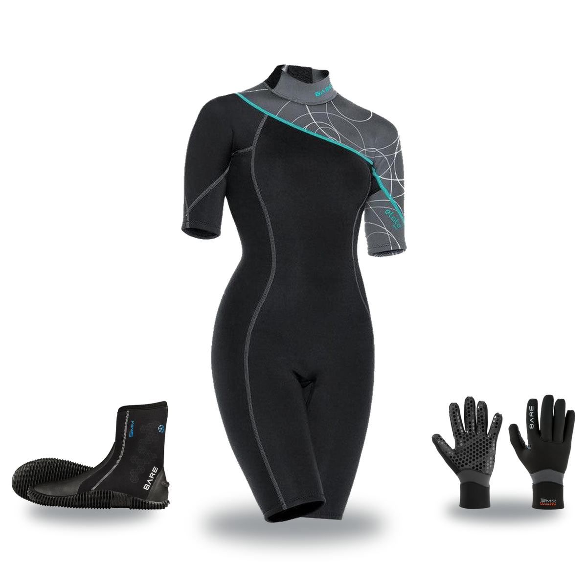 Bare Elate 2mm Warm Water Package – Womens Shorty + Gloves + Boots — includes Bare 2 MM Elate Shorty Womens Scuba Diving Wet…