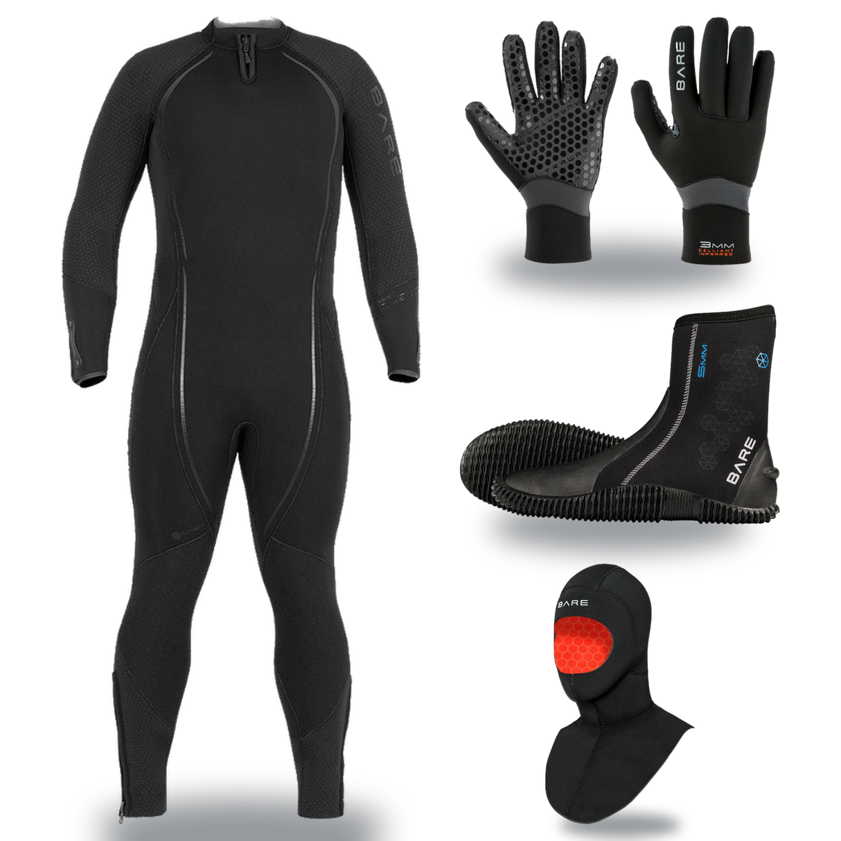 Bare Reactive 5mm Thermal Package – Mens Wetsuit + Hood + Gloves + Boots — includes Bare 5mm Reactive Full Wetsuit Mens, Bar…