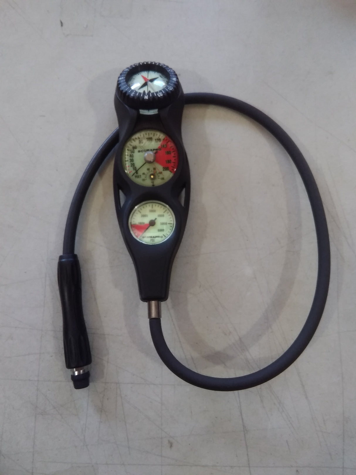 Used Scubapro 3-Gauge In-line Plastic Compact Pressure Gauge, Standard Depth Gauge, FS-1.5 Dive Console-