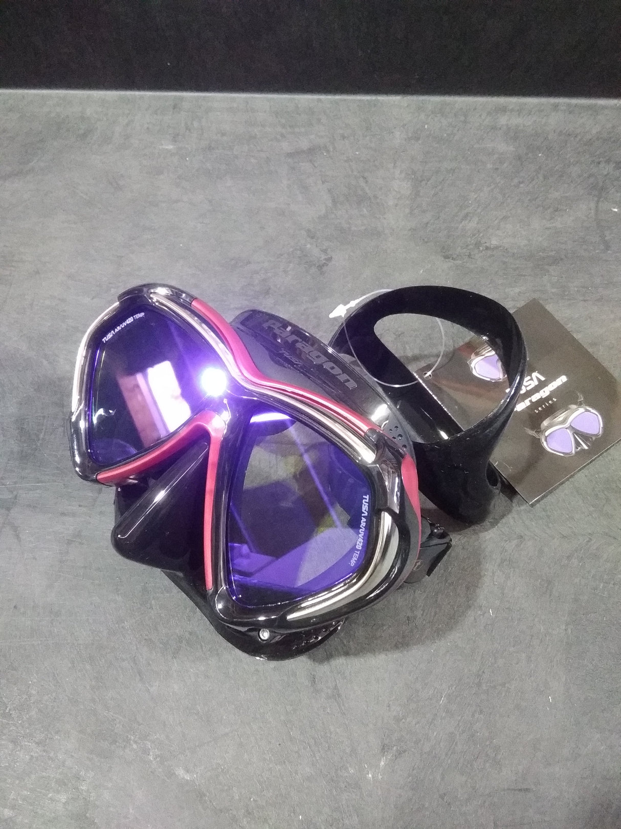 Used Tusa Paragon Dual Lens Scuba Diving Mask-Metallic Dark Red-