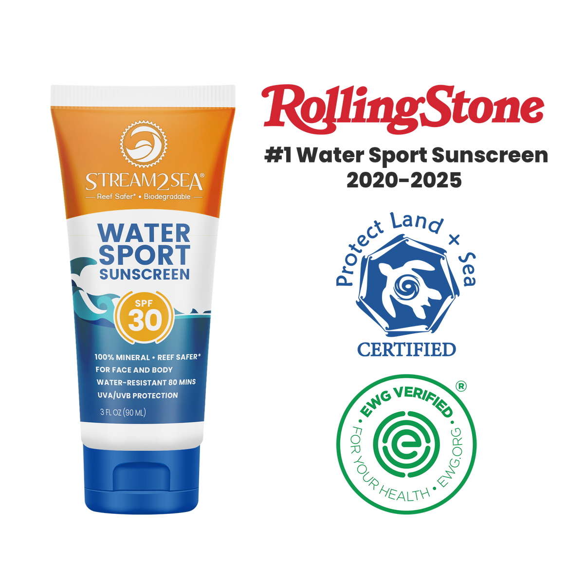 Stream2Sea Water Sport SPF 30 with certification badges