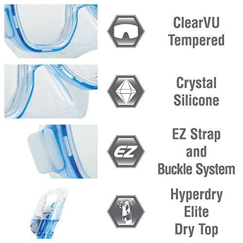 TUSA Sport Youth Mini-Kleio Dry Mask and Snorkel Combo, Age 6-12, Clear Blue-