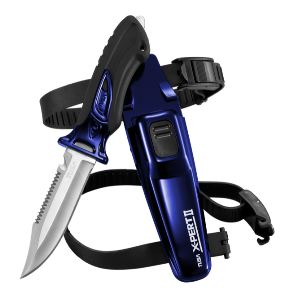 Tusa X-Pert II Stainless Steel Drop Point Blade-Cobalt Blue