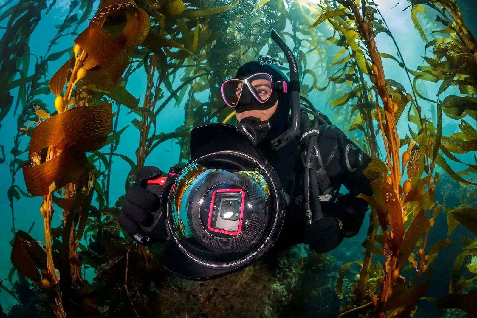 Underwater scene lit by strobes showing a diver over a reef with clean, particle-free water