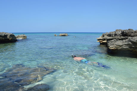 Snorkeler floating over a shallow reef in clear tropical water