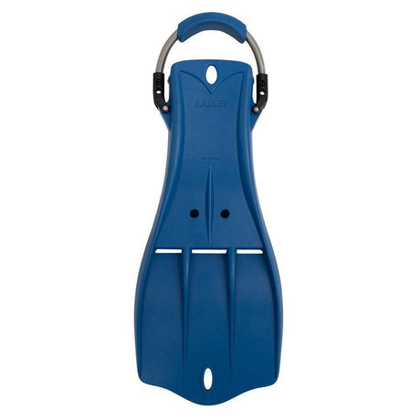 Blue diving fin with a carabiner on a white background