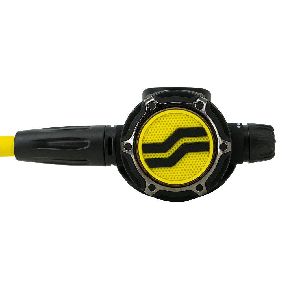 Scuba diving regulator with yellow and black design on a white background