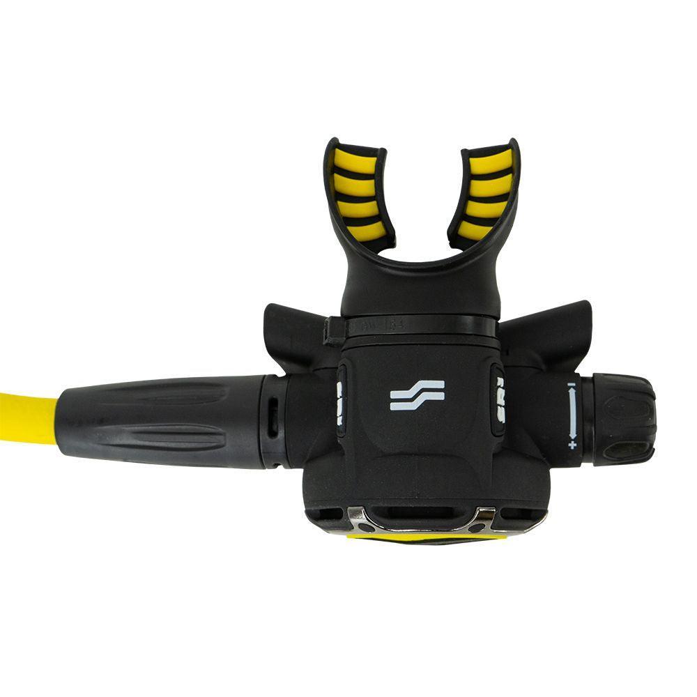 Black and yellow diving regulator on a white background
