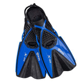 Blue and black diving fins with Mares branding on a white background