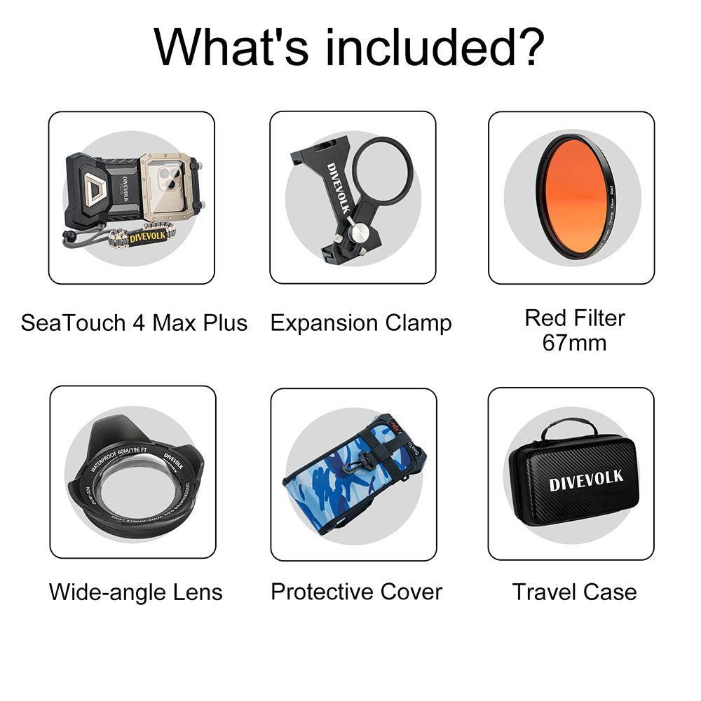 DiveVolk SeaTouch 4 Max Plus Ocean Kit for Underwater Photography – Red Filter & Wide-Angle Lens Bundle with Included Adapter
