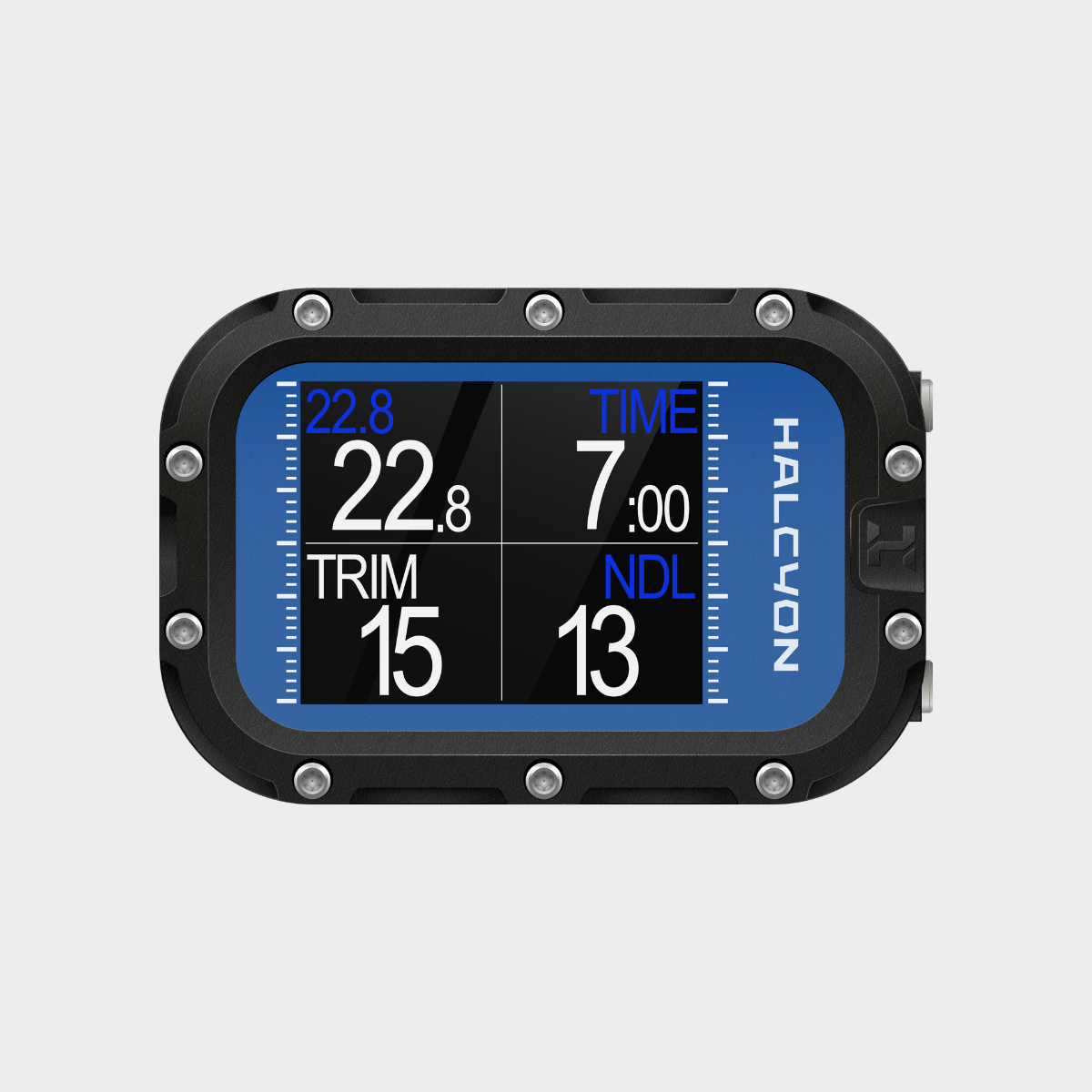 Halcyon Symbios Blue Handset dive computer showing trim and NDL screen