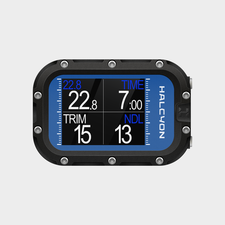 Halcyon Symbios Blue Handset dive computer showing trim and NDL screen
