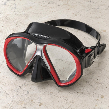 Open Box Atomic Aquatics SubFrame Mask — Black/Red, open box, lightly used on off-white work table