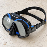 Open Box Atomic Aquatics Venom Mask — Black/Blue, open box, lightly used on off-white work table