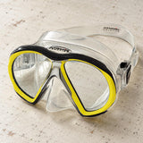 Open Box Atomic Aquatics SubFrame Mask, Medium Fit — Clear/Yellow, open box, lightly used on off-white work table