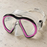 Open Box Atomic Aquatics SubFrame Mask, Medium Fit — Clear/Pink, open box, lightly used on off-white work table