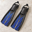 Open Box Atomic Aquatics Open Heel Fin — Blue, open box, lightly used on off-white work table