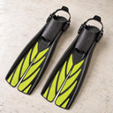Open Box Atomic Aquatics Open Heel Fin — Yellow, open box, lightly used on off-white work table