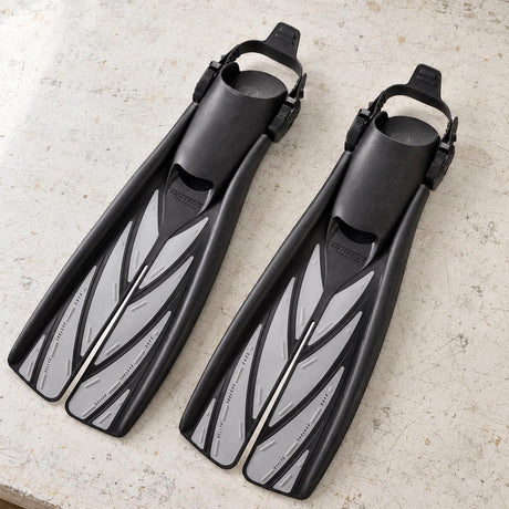 Open Box Atomic Aquatics Open Heel Fin — Silver, open box, lightly used on off-white work table
