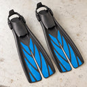 Open Box Atomic Aquatics Open Heel Fin — Royal Blue, open box, lightly used on off-white work table