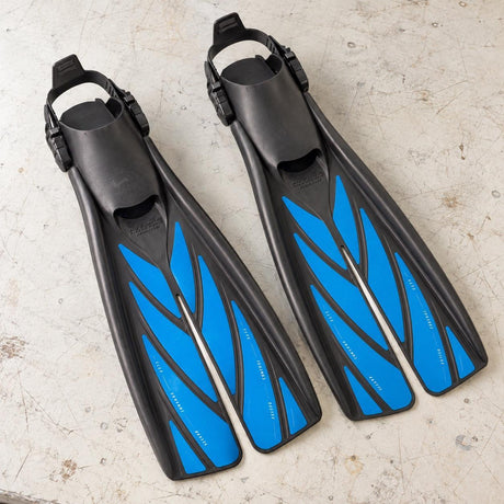 Open Box Atomic Aquatics Open Heel Fin — Royal Blue, open box, lightly used on off-white work table