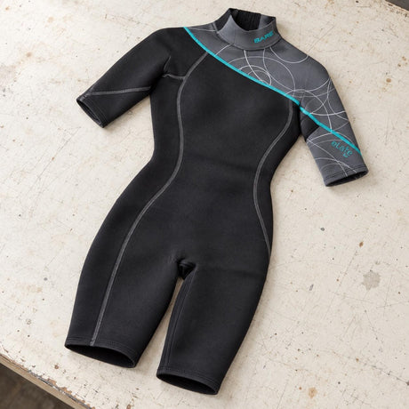 Open Box Bare 2 MM Elate Shorty Womens Scuba Diving Wetsuit — default, open box, lightly used on off-white work table