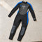 Open Box Bare 3/2mm Manta Full Wetsuit, Youth — Blue, open box, lightly used on off-white work table