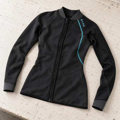 Open Box Bare EXOWEAR Jacket Womens — Black, open box, lightly used on off-white work table