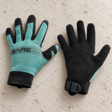 Open Box Bare 2mm Tropic Pro Dive Gloves — Aqua, open box, lightly used on off-white work table