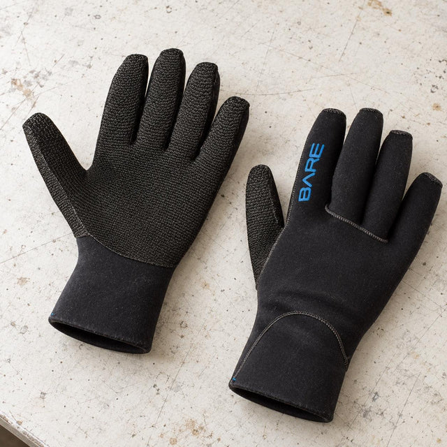 Open Box BARE 3mm K-Palm Dive Gloves — Black, open box, lightly used on off-white work table