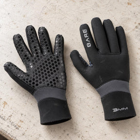 Open Box Bare 3mm Ultrawarmth Dive Gloves — Black, open box, lightly used on off-white work table