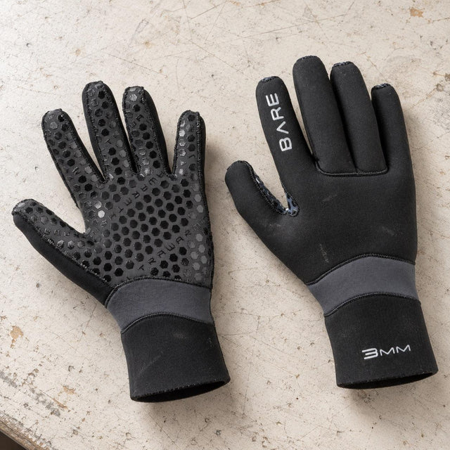 Open Box Bare 3mm Ultrawarmth Dive Gloves — Black, open box, lightly used on off-white work table