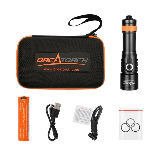 OrcaTorch D530 dive light with 18650 battery and package contents