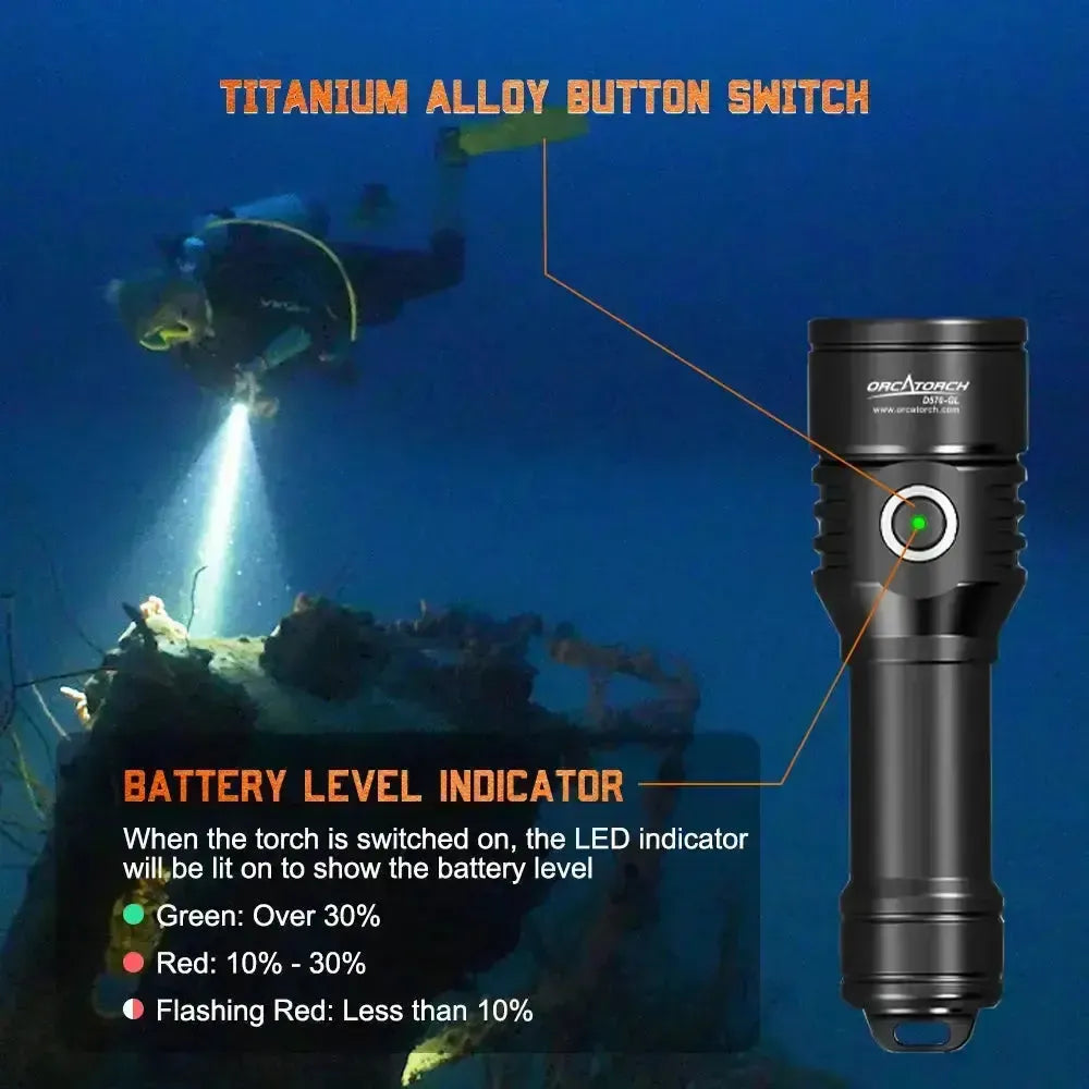 OrcaTorch D570-GL titanium alloy button and battery level indicator