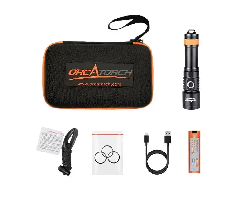 OrcaTorch D710 Black with package contents